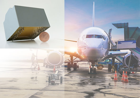 Avionik-Modul und Verkehrsflugzeug am Gate – Aerospace