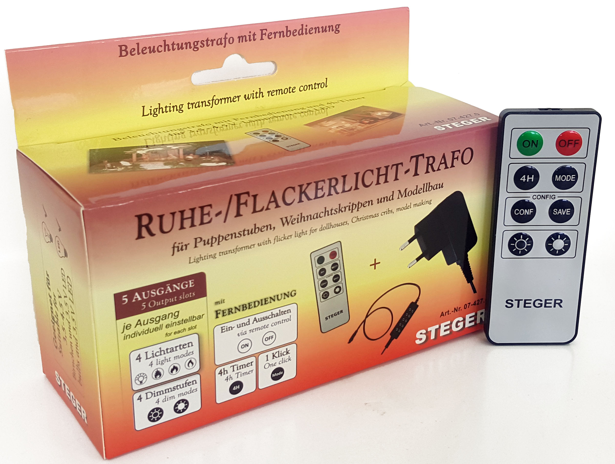 2x Flackerlicht für Puppenhaus/Puppenstube-Kamin STEGER Trafo 3x Dauerlicht 